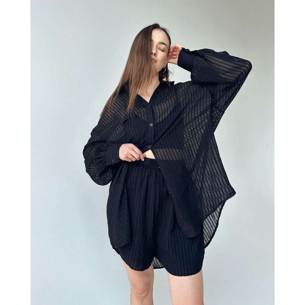 Women's Clothing Summer Elegant Casual Textured Long Sleeve Vertical Stripe Shirt + Shorts Set B5