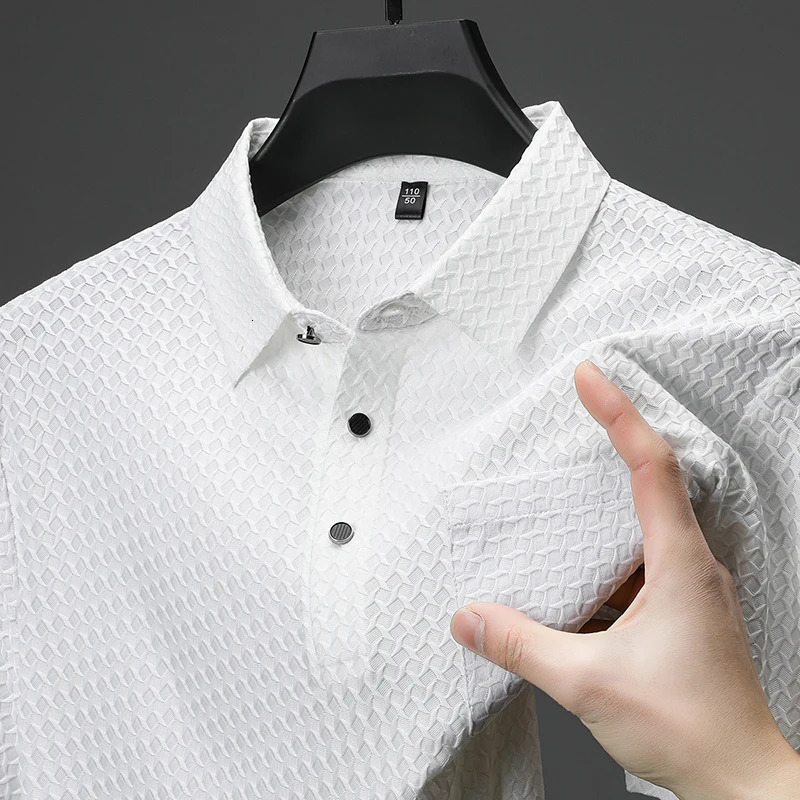 Elastic Mens Summer Ice Silk Short-sleeved T-shirt Middle-aged Dad Wear Lapel Polo Shirt Cool Top Clothes 250716