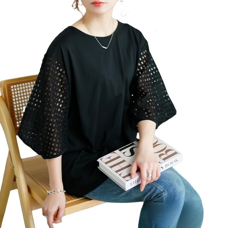 Summer New Women S T Shirt Cross Border Foreign Trade Japan And South Korea Style Hollow Out Sleeves Spliced Loose Mid Sleeve Top Colors Designer