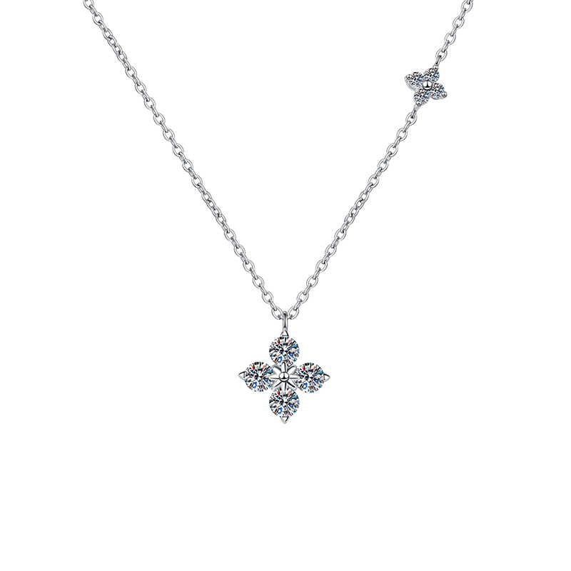 Silver - Toned Four - Petal Flower Pendant Necklace With Rhinestone Accents And Mini Flower Detail Elegant Daily And Special Occasions Gift For Her Fa