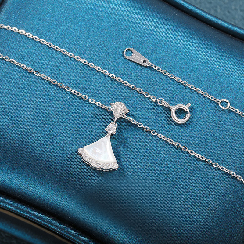 Silver - Toned Fan - Shaped Pendant Necklace With White Mother - of - Pearl And Rhinestone Accents Elegant Daily And Special Occasions Gift For Her Fa