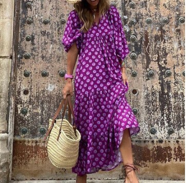 2025 Cross-Border Foreign Trade Summer Women's Short Sleeve Plus Size Loose Printed Lantern Sweet Style Dress Long Comfortable
