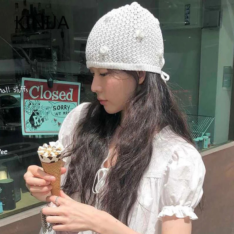 Korean n Hand-crocheted Rose Knitted Hat Spring and Summer Simple Hollow Lace-up Temperament Beanie Cap 250715