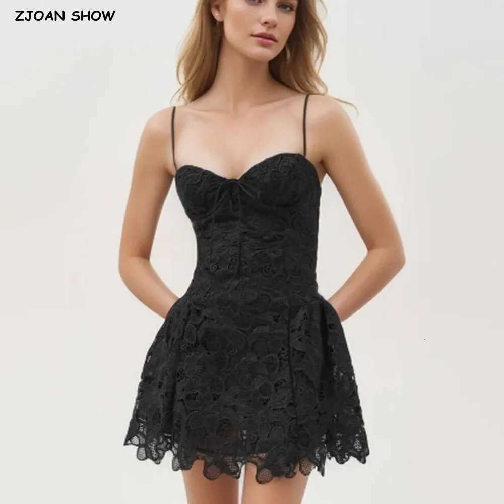 2025 Sexy Black Embroidery Hollow Out Lace Bow V Neck Sling Mini Dress Women Low Waist Pleated Swing Dresses Party Beige Robe R250716