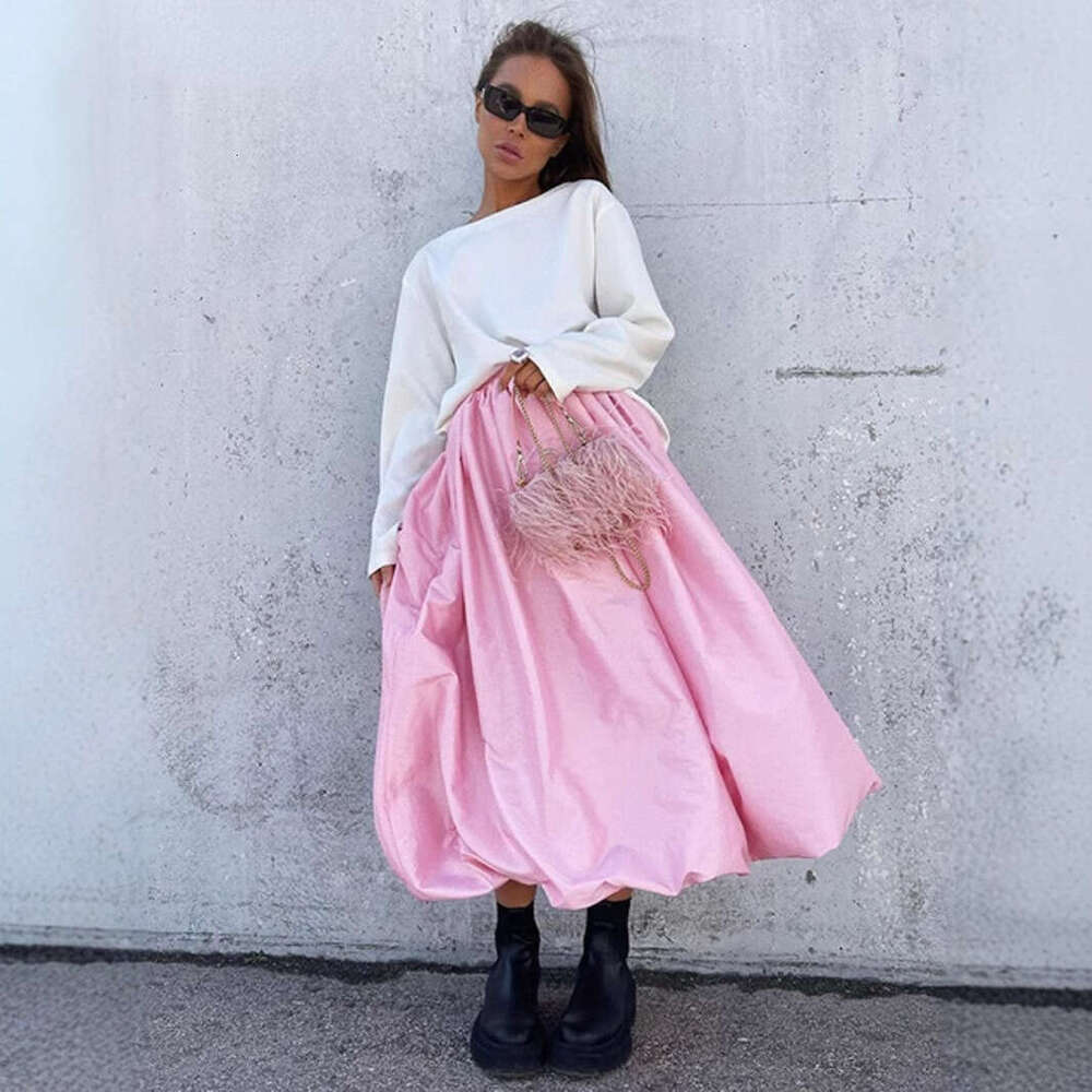 Bright Color Midi Spring Summer Ins Fashion Trend Party High Waist Balloon Flower Bud Skirt B5