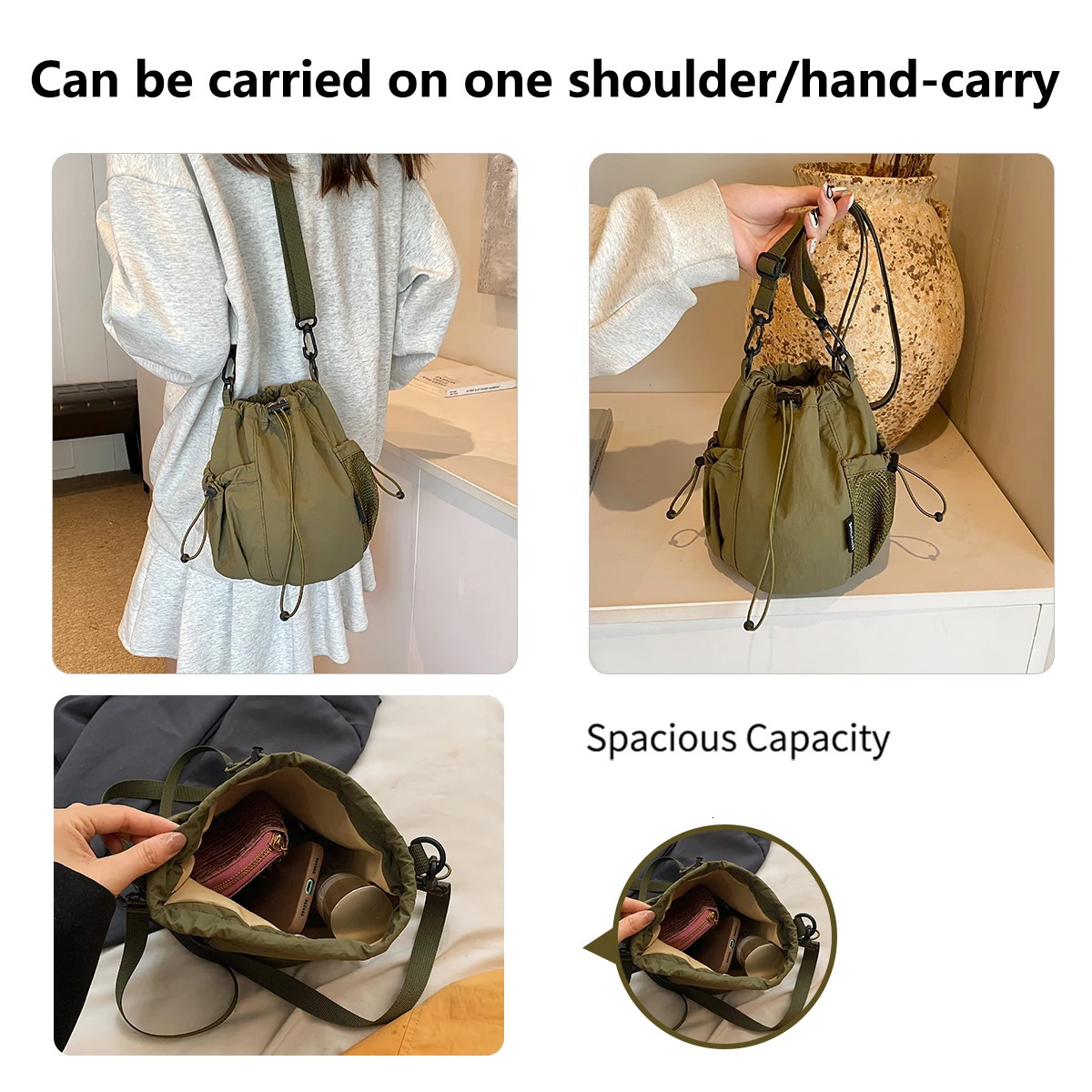 K-Style Niche Nylon Bag for Women Lightweight and Versatile Ins Crossbody Bag Drawstring Bucket Mobile Phone Bag 250714