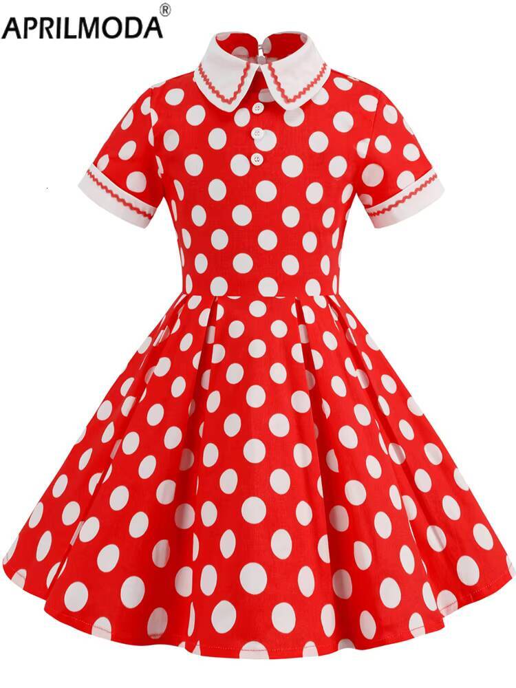 Hepburn Style 50s Vintage Childs Casual Dot Print Cosplay Costume Party Little Girls Midi 60s Elegant Pleated Dress dongdumaoyi