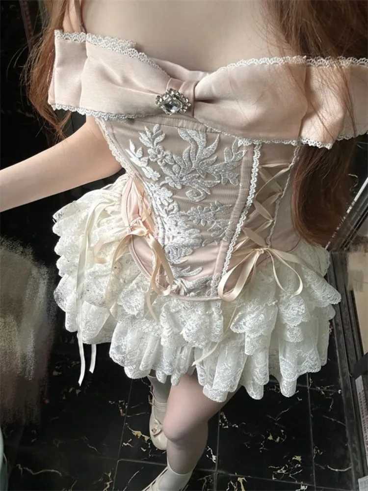 Fashion Sweet Pink Bow Slim Fit Camisole Vest+ Y2k Grungehigh Waist Ruched Lace Cake Skirts 2025 Summer New Two Piece Sets R250716