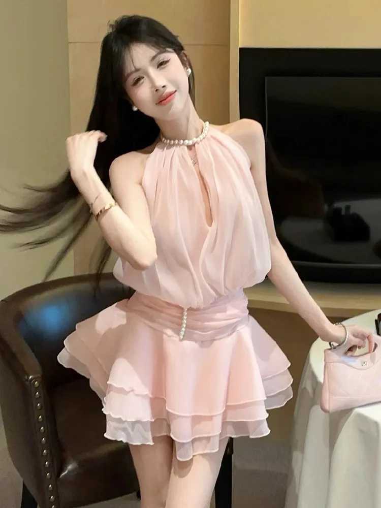 Ezgaga Mini Dresses Women Pearl Halter Sleeveless Bandage Slim Backless Hollow Out Sweet Elegant Party Dress Female Casual R250716