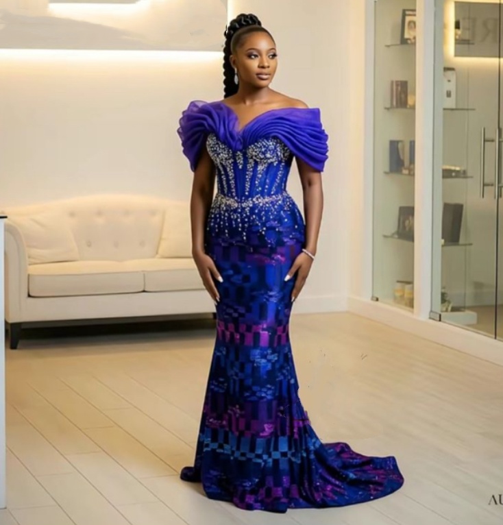 Royal Blue Mermaid Prom Dresses 2025 Beaded Crystals Printed Elegant Evening Formal Party Second Birthday Engagement Gowns Plus Size Dress For Special