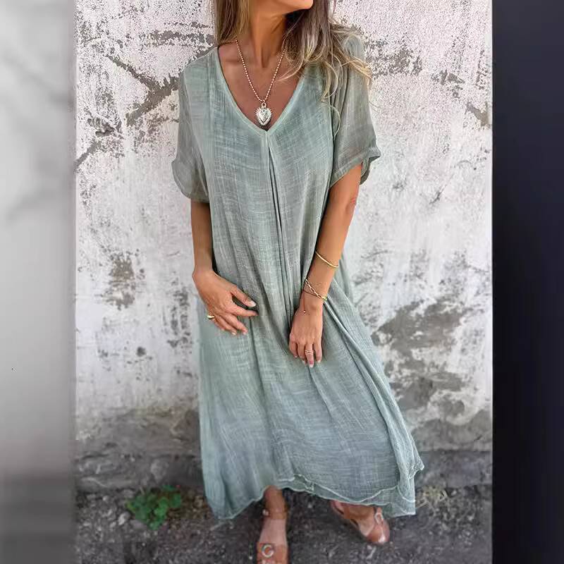 Sexy V Neck Loose Cotton Linen Dress Summer Women Short Sleeve Solid Color Maxi Long Homewear Oversized Dresses YSYYFS-YS24188 dongdumaoyi