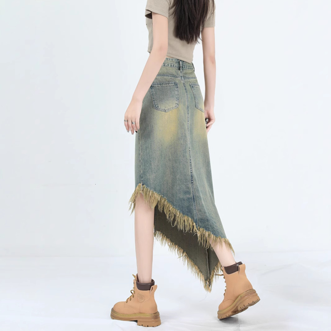 2025 Vintage High Waist A-Line Denim Skirt Women's Summer Irregular Design Long Petite Tassel