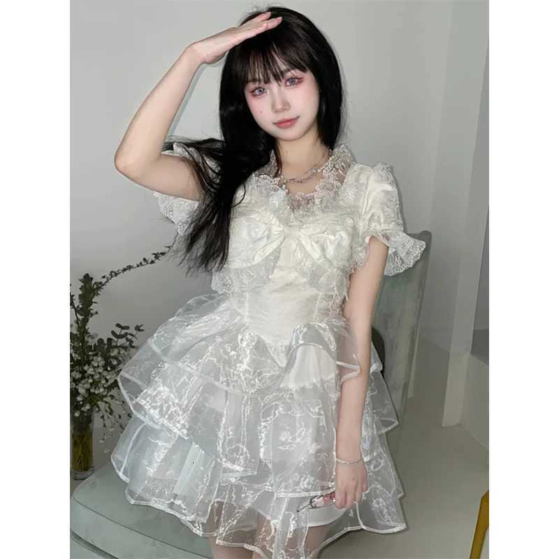 100% Cotton White Bow Mini Dress Women Japanese Lolita Party Lace Ruffles Dresses Summer Fairy Korean Elegant Bodycon Dresses R250716