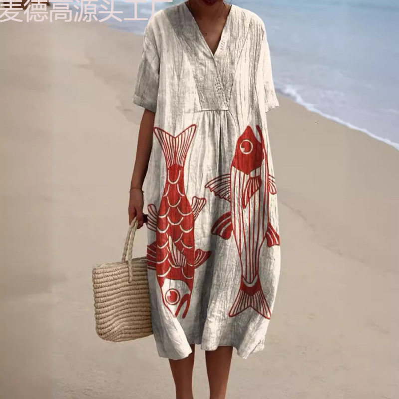 2025 New Plus Size Women's Shirt Pocket Short Sleeve Dress Creative Fish Pattern Vacation Style