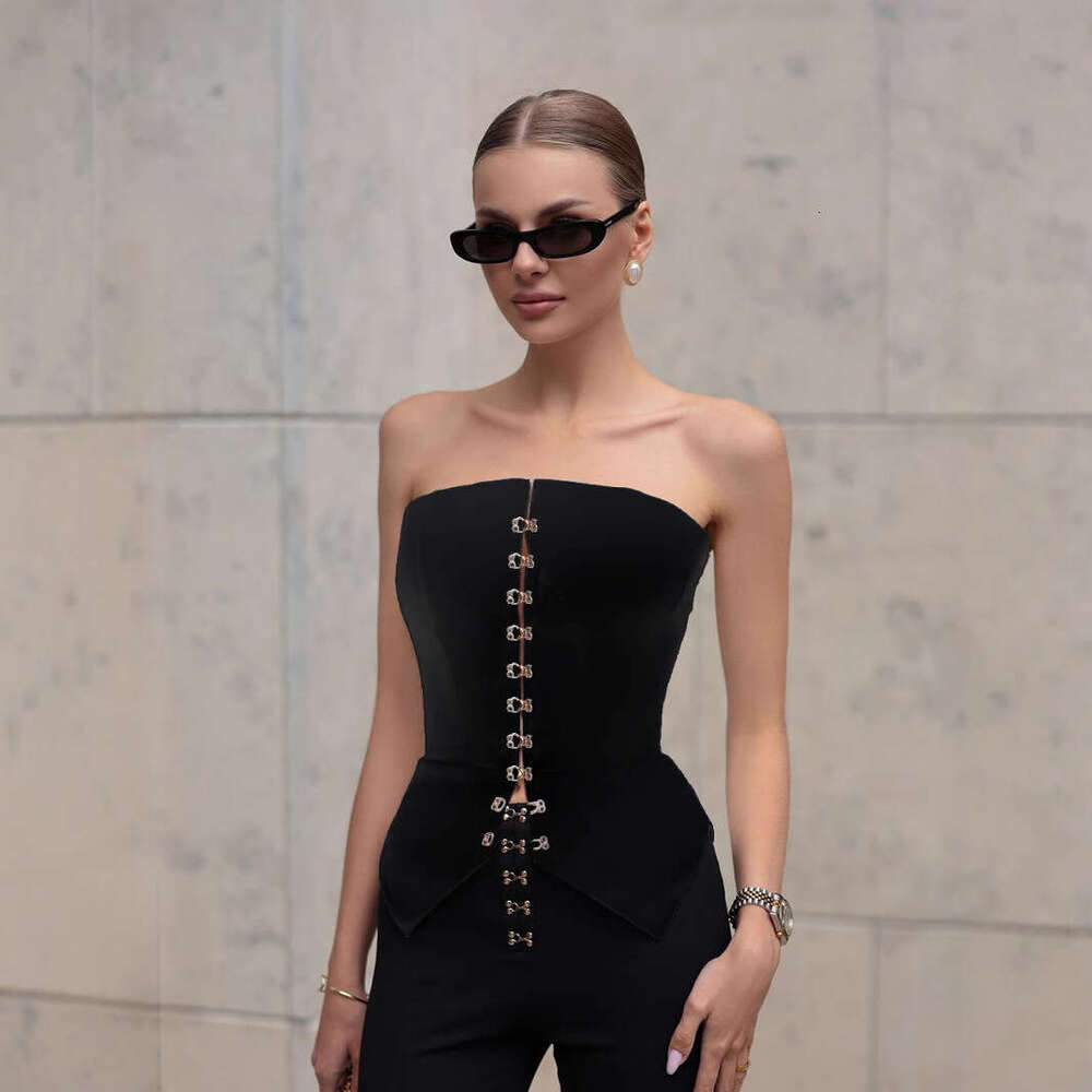 White Summer New Metal Buckle Sleeveless Top Sexy Slim Fit Strapless Women B5