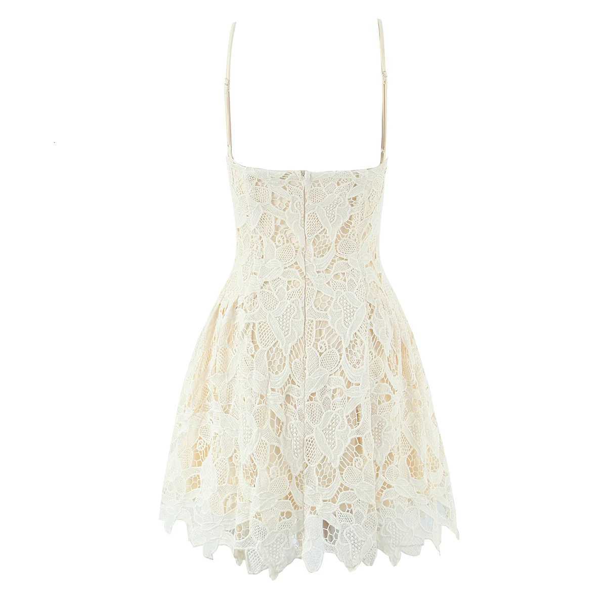 2025 Sexy Black Embroidery Hollow Out Lace Bow V Neck Sling Mini Dress Women Low Waist Pleated Swing Dresses Party Beige Robe R250716