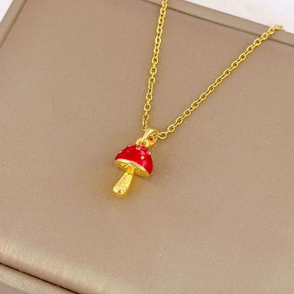 Light Red Oil Drop Mushroom Necklace For Women, Unique Design, Elegant And Versatile Collarbone Chain 808