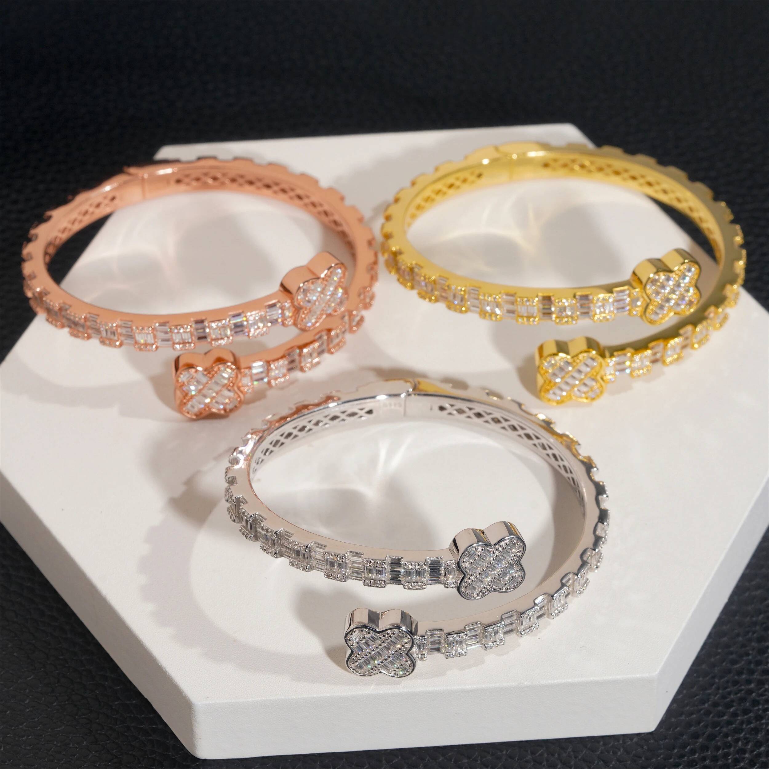 Flower Shaped Cuff Bracelet D Color Moissanite 925 Silver Fine Jewelry