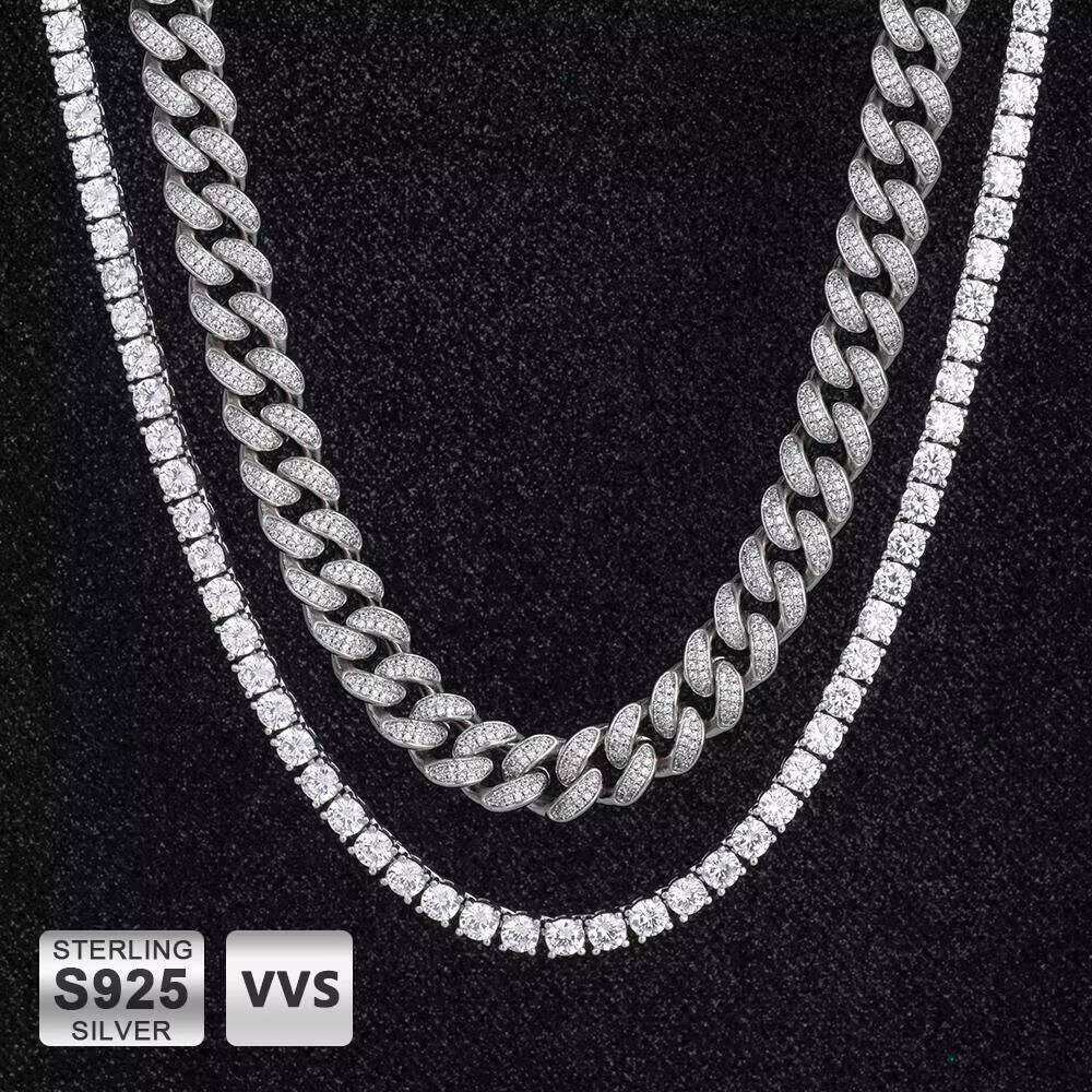 Top jewelry necklace with 2 rows of diamonds6mm 8mm 10mm 12mm Platinum Sterling Sier VVS Diatomite Cuban Chain Unisex GRA Jewelry Bracelet Necklace