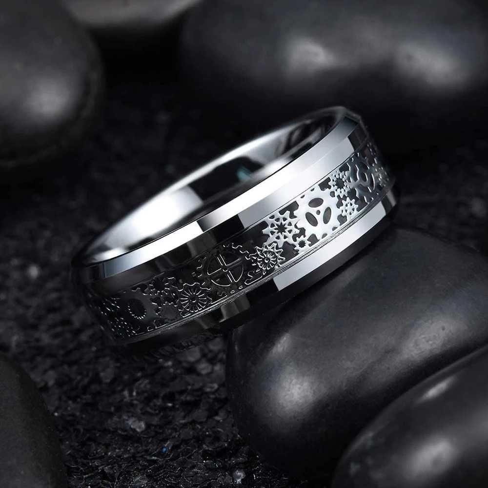 Vintage Men Steampunk Gear Wheel Stainless Steel Ring Silver Color Celtic Dragon Inlay Black Carbon Fiber Ring Mens Wedding Band S250716