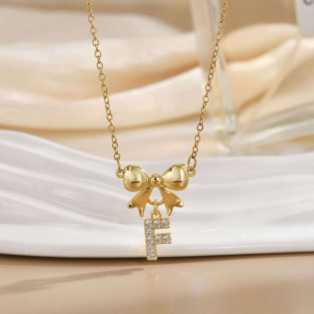Minimalist 26 Letters Inlaid Zircon Bowknot Necklace For Women, Simple And High-End Titanium Steel Jewelry, Non-Fading B85