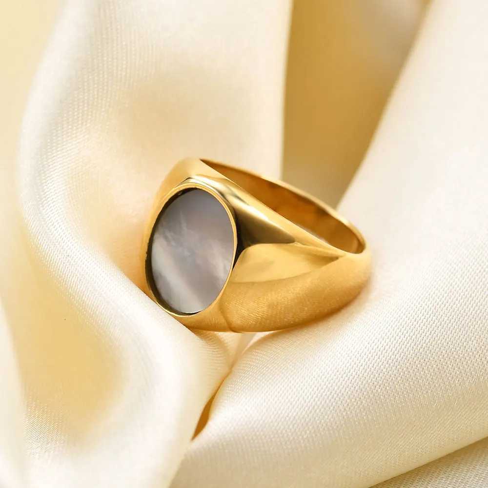 Vintage Trendy Marble Shell Simple Geometric Ring For Women Girls Stainless Steel Fine Signet Rings Geometric Square Metal Ring S250716
