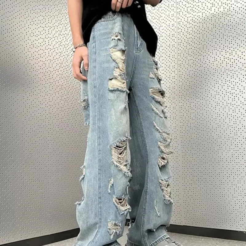 Vintage Distressed Straight-leg Jeans American Style Slimming Bell Bottoms Loose Fit High-waisted Summer Thin Version For Men 250716
