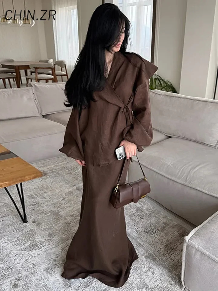 Casual Lace Up Shirt Skirt Set Women Loose V-neck Lantern Sleeve Blouses Long A-line Skirts 2025 Summer Lady Holiday Outfits 250715