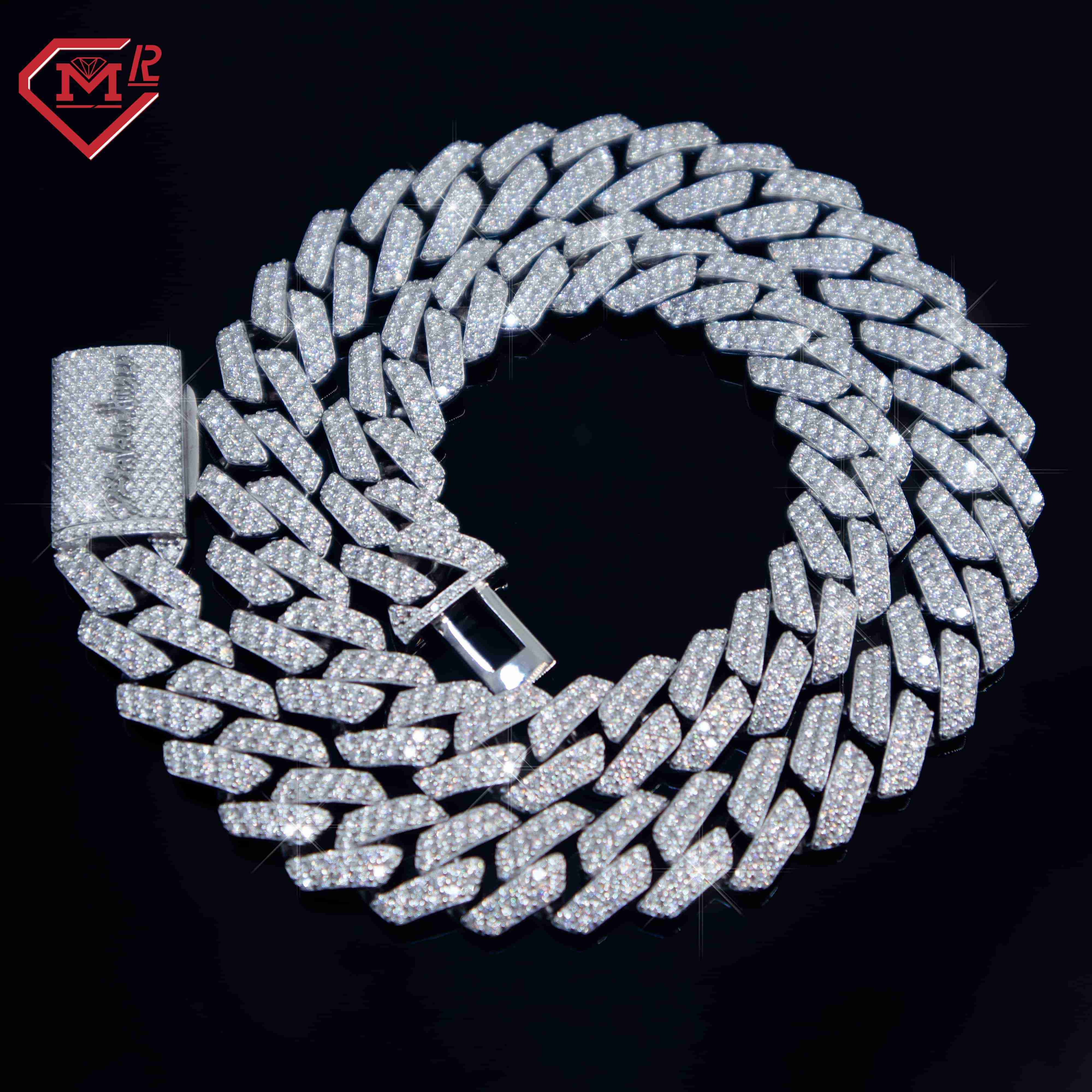 Hiphop 12mm Moissanite Chain Iced Out VVS Diamond 925 Sterling Silver Rapper Jewelry Moissanite Cuban Chain