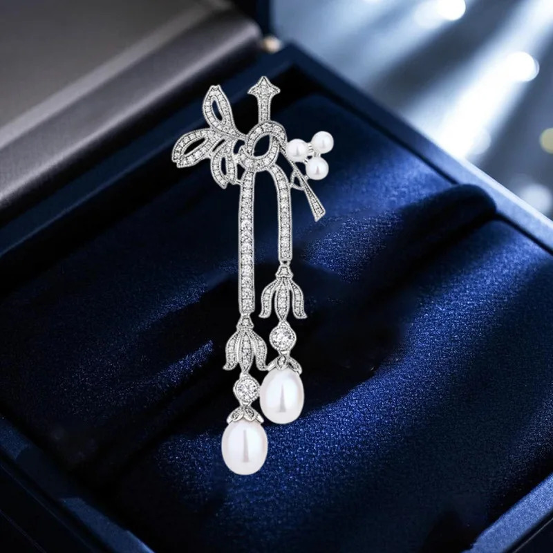 Vintage Micro-inlaid Zircon Freshwater Pearl Fringed Brooch Pins Niche Bow Broochesfor Womens Broche Decorativo De Ropa 250712