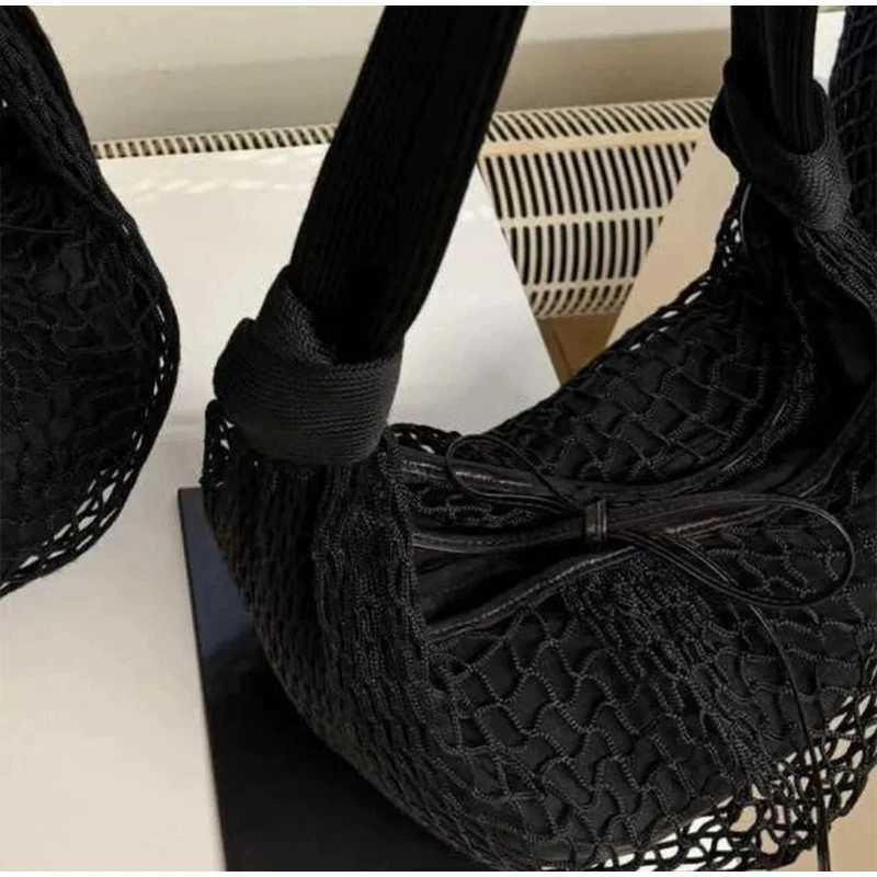 Hand-woven Half-moon Shoulder Bag Apricot Brand Bow Stitching High Quality Holiday Women New Croissant Messenger Net Bag