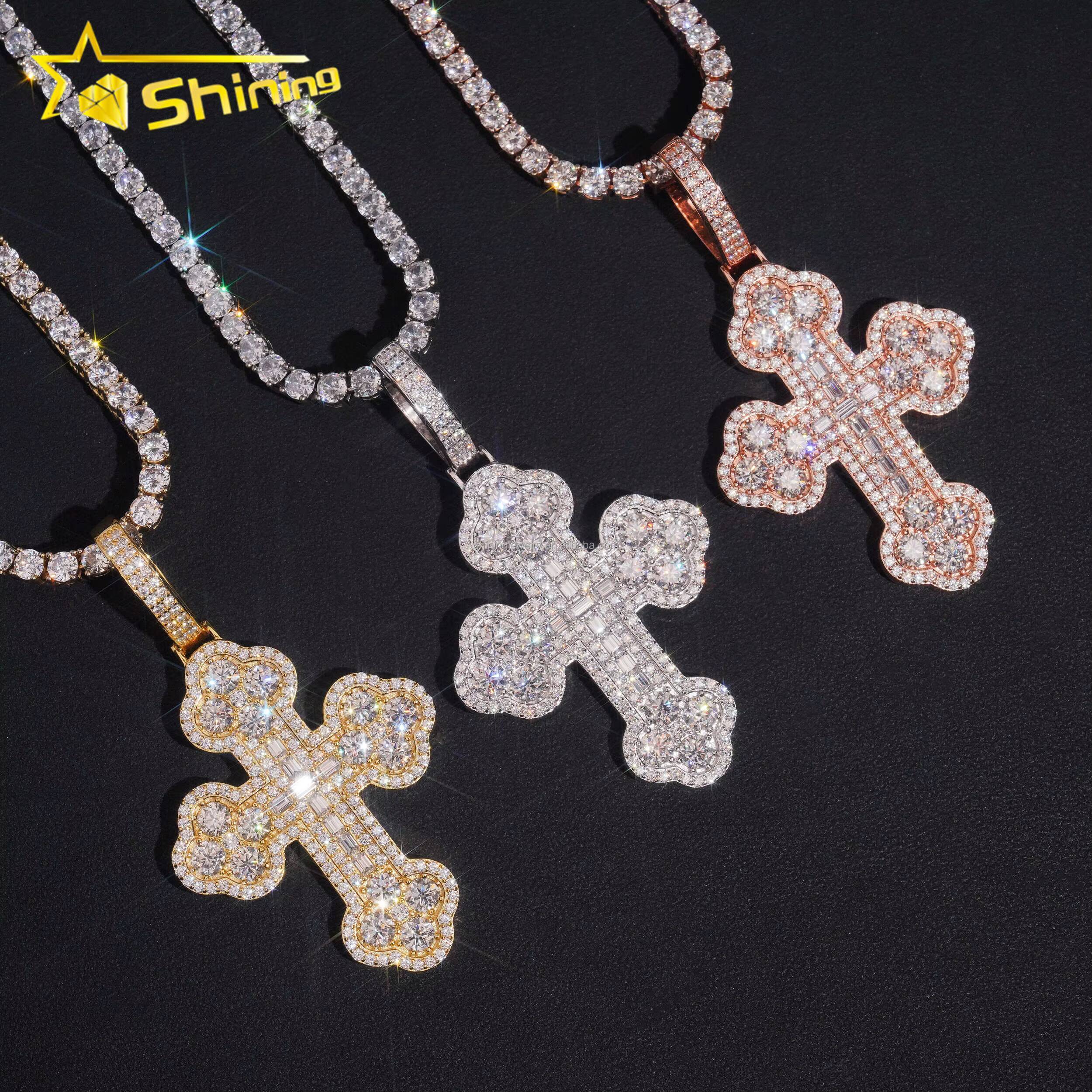 GRA Certificate New Arrivals Bulk Stock Hip Hop Stylish Man VVS1 Moissanite Baguette Diamond S925 Silver Iced Out Cross Pendant