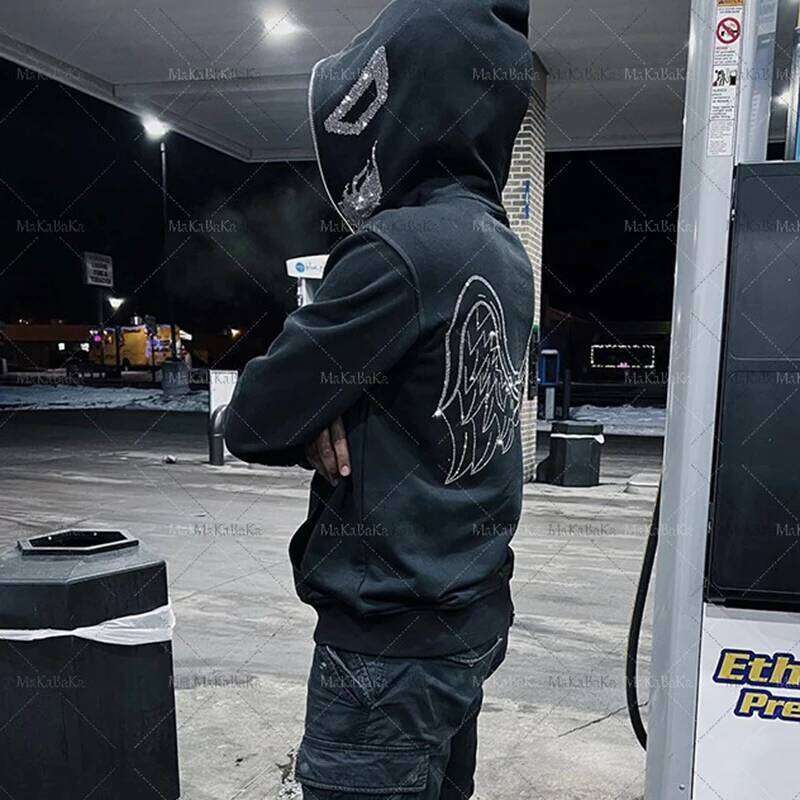Designer Leisure High Quality Oversized Y2K Demon Rhinestone graphics zip Hooded Sweatshirt hoodies Haruku Goth hoodie Grunge Men's clothes emo