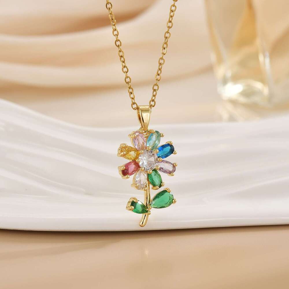 For Women, Internet Celebrity Colorful Zircon Flower, Niche Fashion New Design Pendant, Elegant Set, Titanium Steel Necklace 9A9