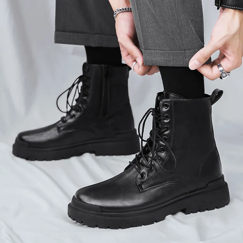 2025 Mens British-Style Chelsea Combat Boots Mid-Calf Leather Work Shoes Side Zipper Wide Fit Non-Slip Comfort Footwear for Men 250715