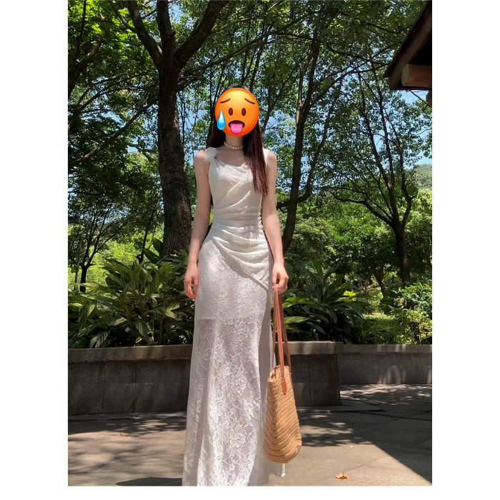 2025 French Style Elegant White Lace Strap Dress for Women Summer New Slim Fit Bodycon Long