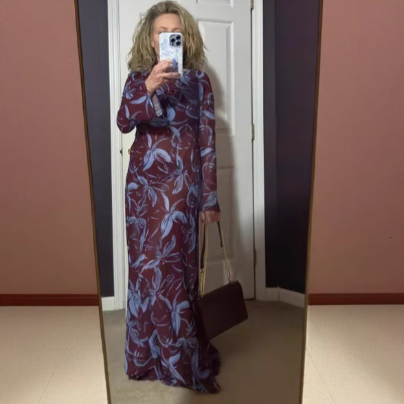2025 Cross-Border European and American Women's Fashion New Round Neck Elegant Printed Long Floor-Length Slim Dress for Women