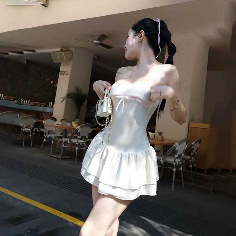 2023 Korean Sexy Mini Dress Y2K Sleeveless Bow Lace Playful Summer Tank Dresses Nightclub Party Playful Evening Dresses R250716