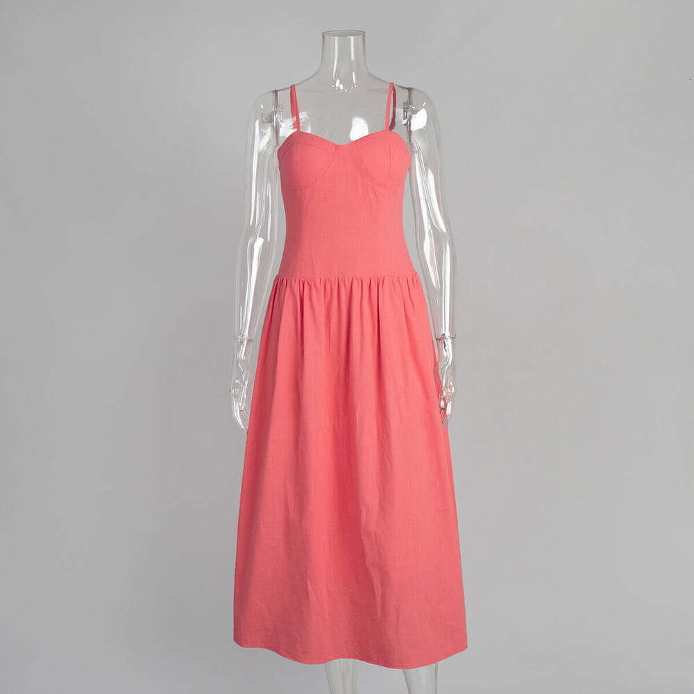 Pure Cotton Summer New Elegant Waist-Cinching Padded Strap Dress B5