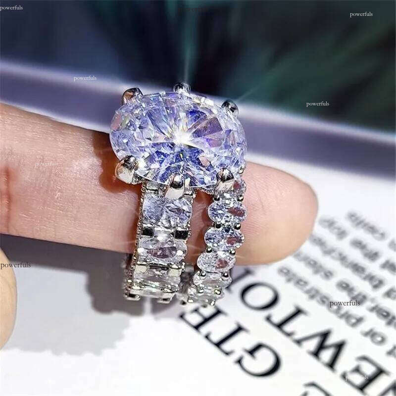 2021 New Sparkling Hot Sale Jewelry Couple Rings Large Oval Cut White Topaz CZ Dia Gemstones Women Wedding Bridal Ring Set Gift