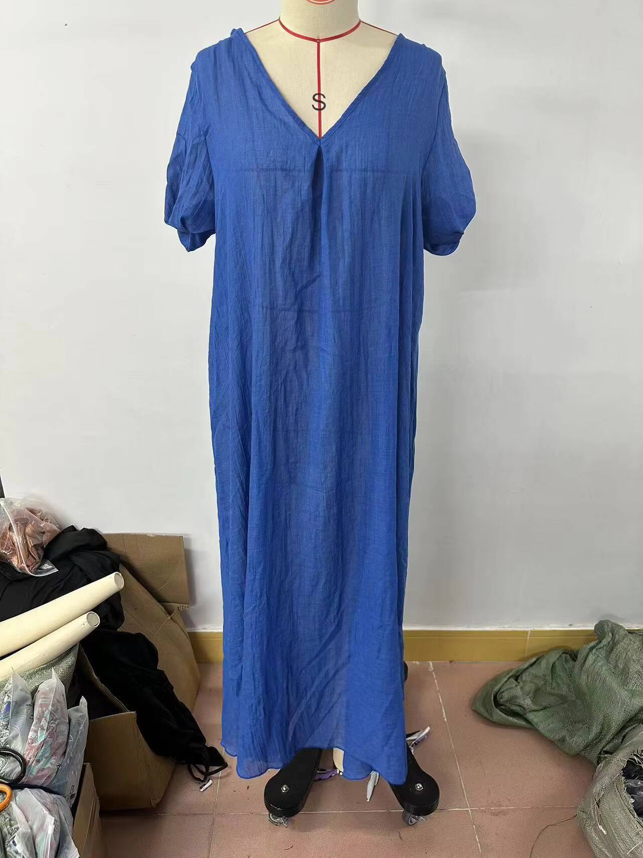 Sexy V Neck Loose Cotton Linen Dress Summer Women Short Sleeve Solid Color Maxi Long Homewear Oversized Dresses YSYYFS-YS24188 dongdumaoyi