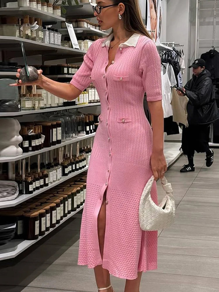 Knit Solid Women Dresses Half Sleeve Lapel Female Maxi Dress Elegant Fashion Pocket Single Breasted Lady Dresses 250715