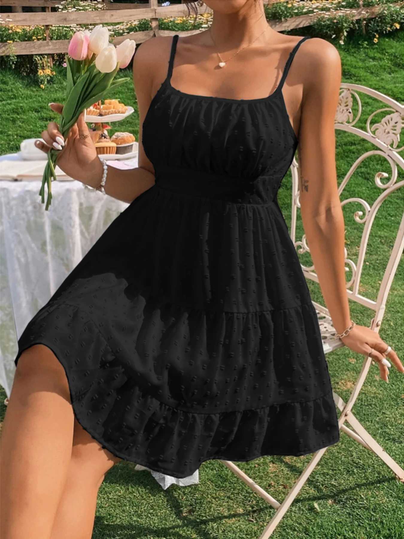Summer Womens Sexy Waist-Cinching Ruffled Plain Color Sleeveless Camisole Dress R250716