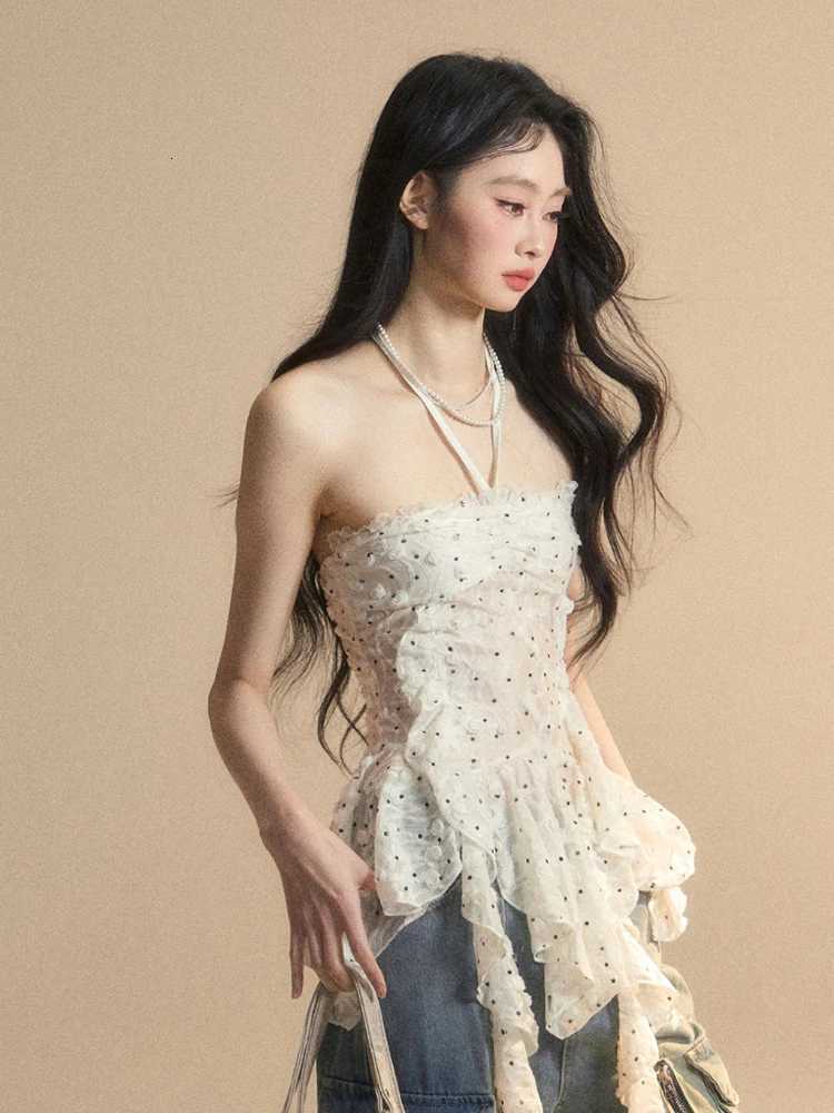 Streetwear Wave Point Women Halter Camisole Vintage Irregular Ruffled Tanks Summer Grunge Sexy Y2k Aesthetic Fairy Vest Tops R250716