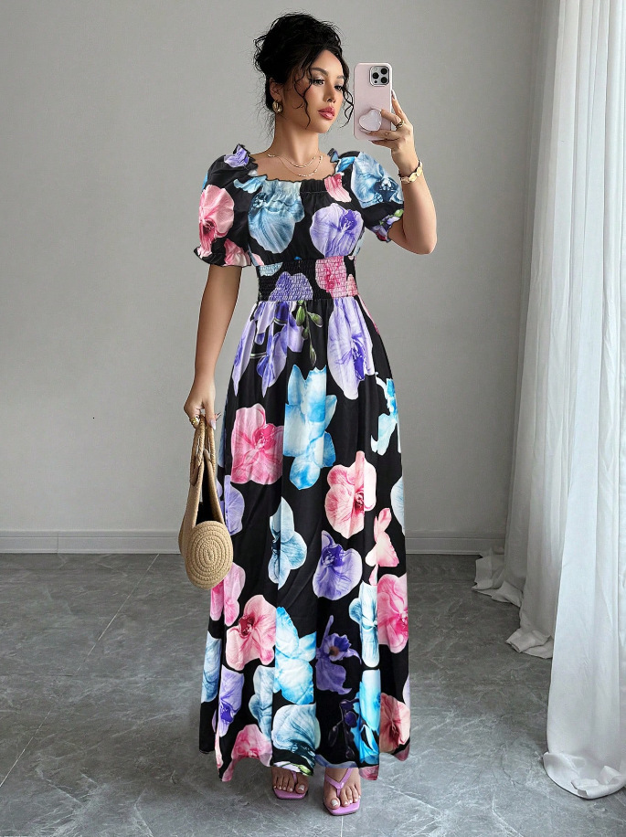 2025 Summer Amazon European and American New Style Puff Sleeve High Waist Cinched Printed Women's Flared Strap Dress
