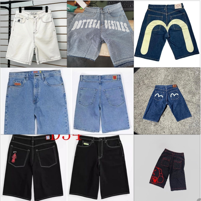 Men's Shorts Y2k Retro Jean Shorts Womens Cartoon Embroidery Knee Length Baggy Jeans Wide Leg Denim Short Pants Mens Shorts