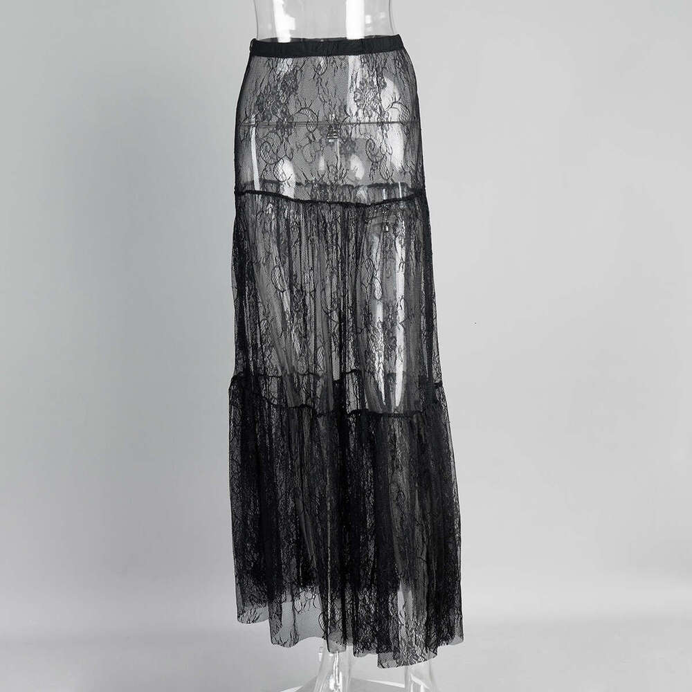 Black Lace Long Summer New Sexy Sheer Niche Elegant Skirt B5