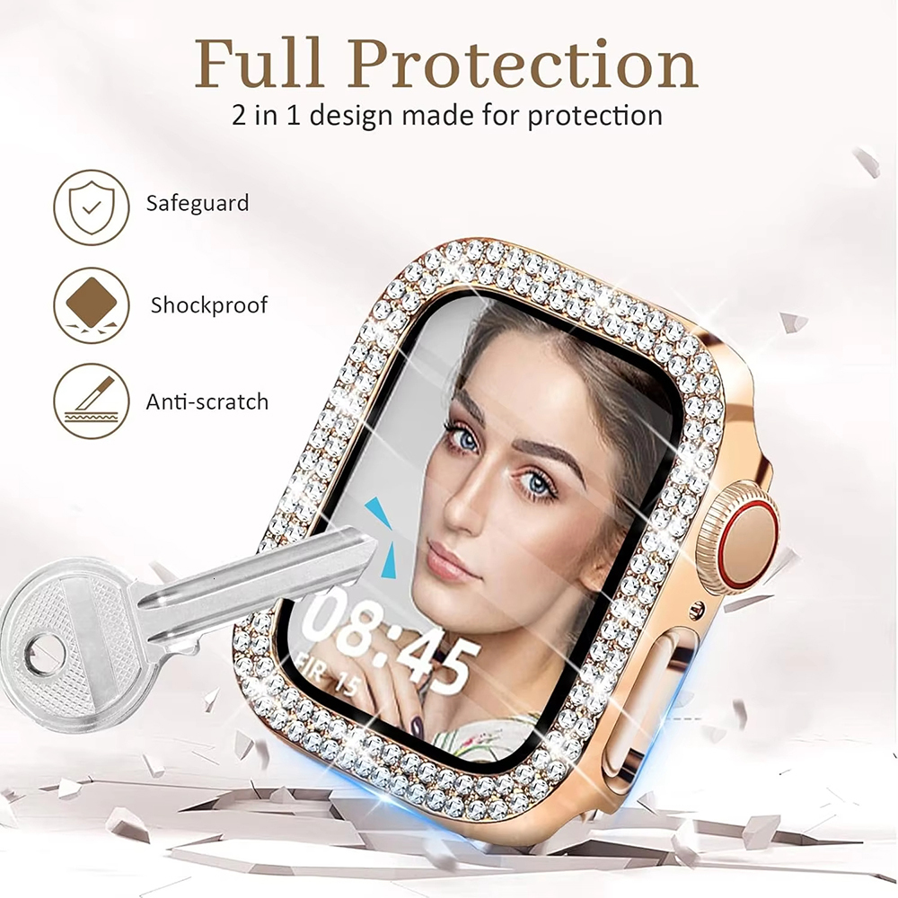 Dia Cover Built-in Tempered Glass Apple Watch 8 Case 45mm 41mm Bling Protective Bumper for iWatch Series 7