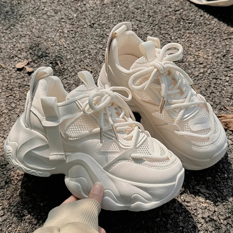 Trendy Breathable Womens Shoes Summer Mesh Breathable Sports Thick Sole Versatile White Shoes Zapatillas De Mujer 250712