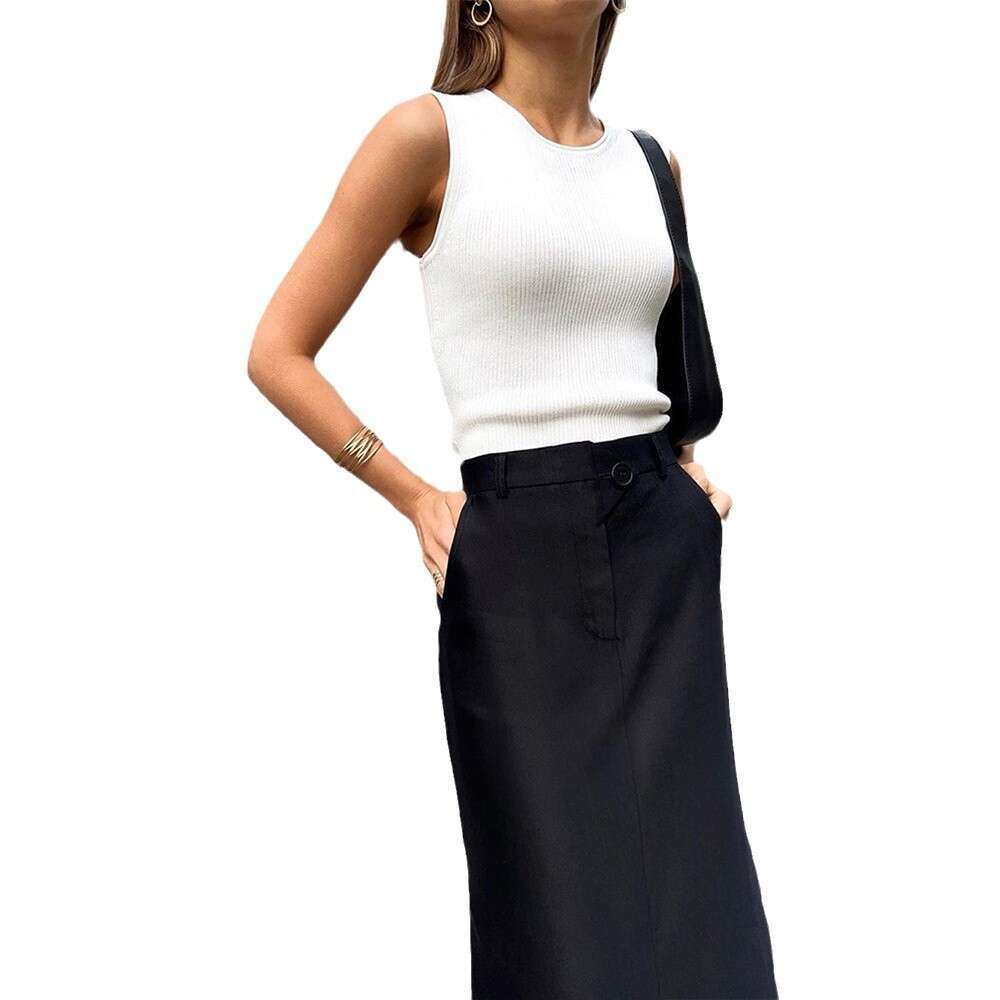 Slit For Women Spring Summer New High Waist Elegant Commuter Midi Skirt A-Line Dress B5